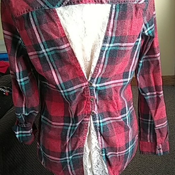 Red plaid lace back button down - Picture 3 of 5